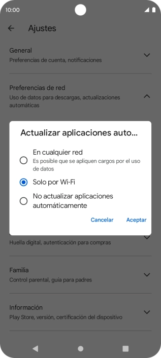 Para activar la actualización automática de apps utilizando la red móvil, pulsa En cualquier red.