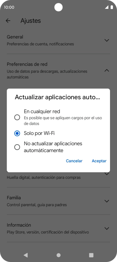 Para activar la actualización automática de apps utilizando la red móvil, pulsa En cualquier red.