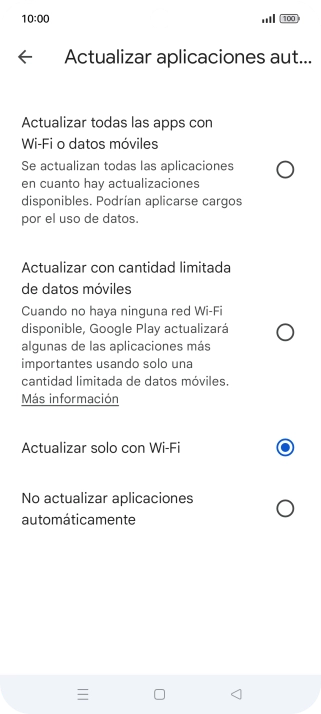 Para activar la actualización automática de apps utilizando la red móvil, pulsa Actualizar todas las apps con Wi-Fi o datos móviles.