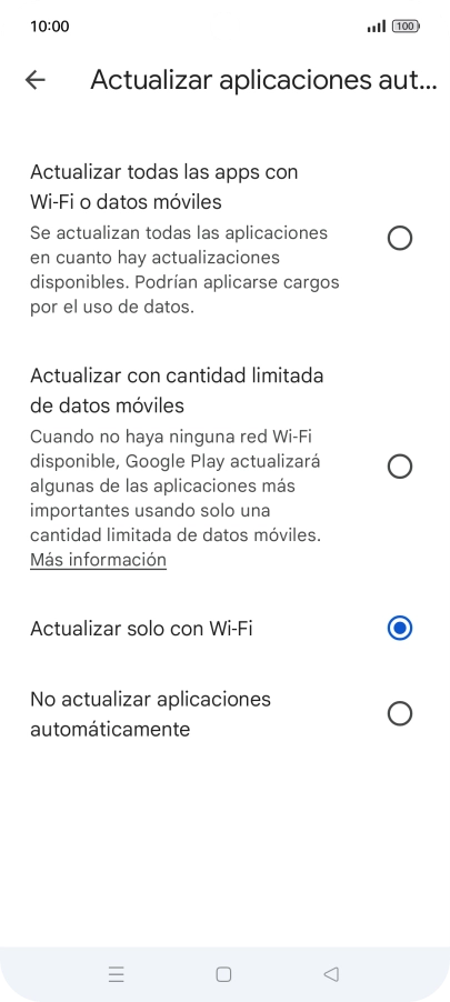 Para activar la actualización automática de apps utilizando la red móvil, pulsa Actualizar todas las apps con Wi-Fi o datos móviles.