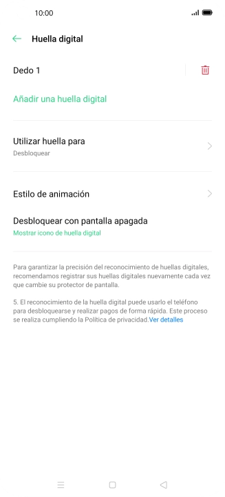 Pulsa el icono de eliminar junto a la huella digital que deseas borrar.