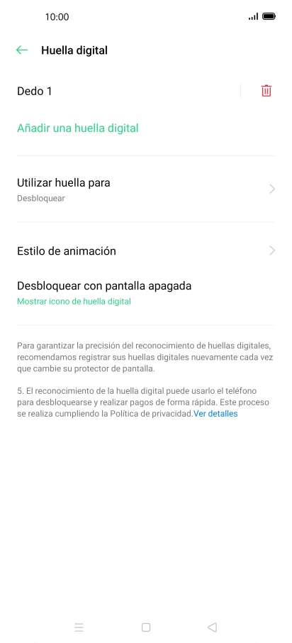 Pulsa el icono de eliminar junto a la huella digital que deseas borrar.