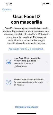 Pulsa Configurar más tarde. Si no has añadido anteriormente un código de seguridad, tendrás que introducir un código de libre elección dos veces consecutivas.