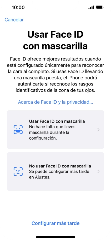 Pulsa Configurar más tarde. Si no has añadido anteriormente un código de seguridad, tendrás que introducir un código de libre elección dos veces consecutivas.