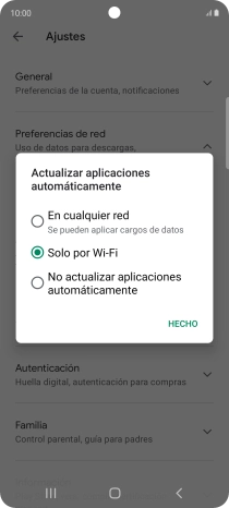 Para activar la actualización automática de apps utilizando la red móvil, pulsa En cualquier red.
