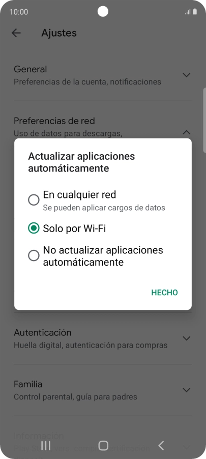 Para activar la actualización automática de apps utilizando la red móvil, pulsa En cualquier red.