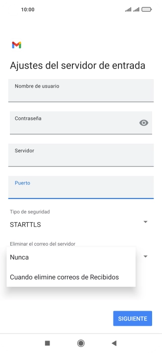 Pulsa Nunca para conservar los correos electrónicos en el servidor cuando los borras del teléfono.