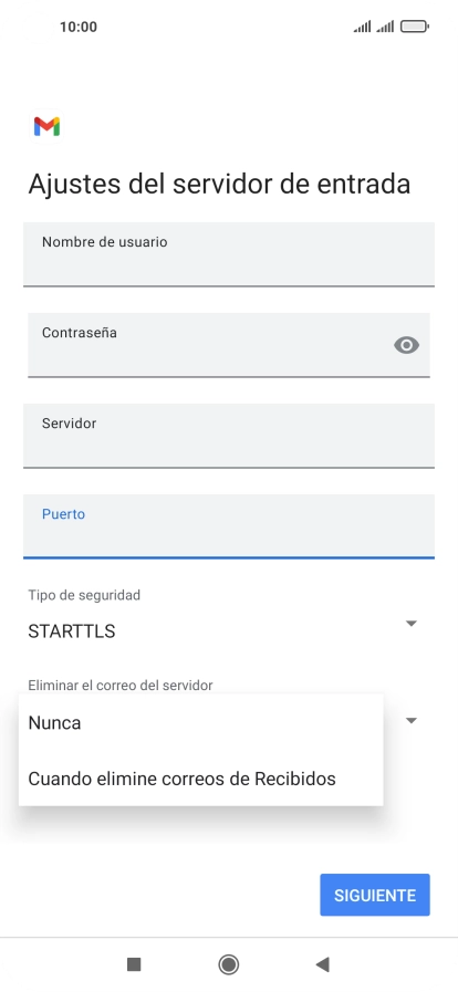 Pulsa Nunca para conservar los correos electrónicos en el servidor cuando los borras del teléfono.