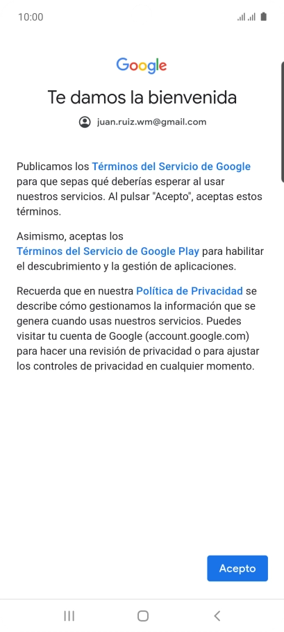 Pulsa Acepto y sigue las indicaciones de la pantalla para seleccionar los ajustes de tu cuenta de Google.