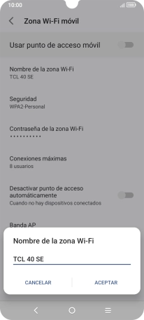 Introduce el nombre deseado de la conexión Wi-Fi y pulsa ACEPTAR.