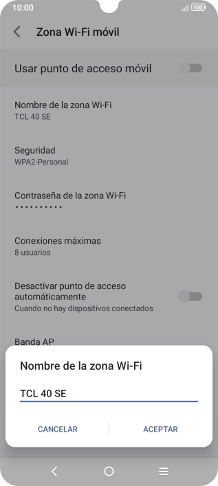 Introduce el nombre deseado de la conexión Wi-Fi y pulsa ACEPTAR.