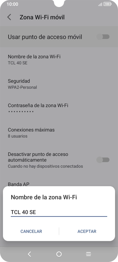 Introduce el nombre deseado de la conexión Wi-Fi y pulsa ACEPTAR.