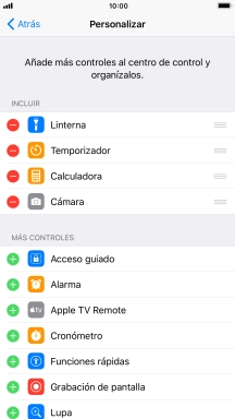 Pulsa el icono de eliminar junto a la función deseada para eliminarla del Centro de control.