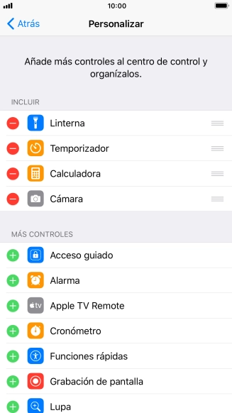 Pulsa el icono de eliminar junto a la función deseada para eliminarla del Centro de control.