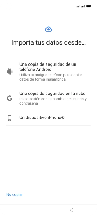 Pulsa el ajuste deseado y sigue las instrucciones de la pantalla para transferir el contenido del otro teléfono.