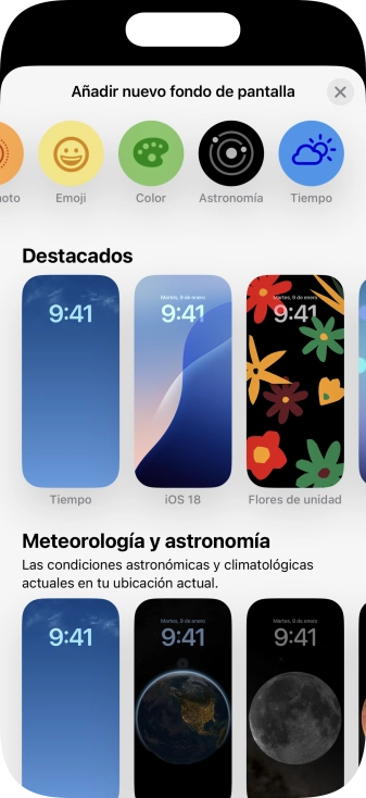 Pulsa una categoría y sigue las indicaciones de la pantalla para seleccionar la imagen de fondo deseada.