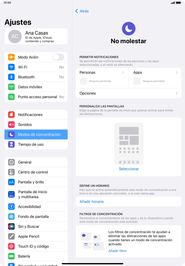 Pulsa Personas y sigue las indicaciones de la pantalla para seleccionar de qué contactos quieres recibir llamadas y notificaciones cuando No molestar está activado.