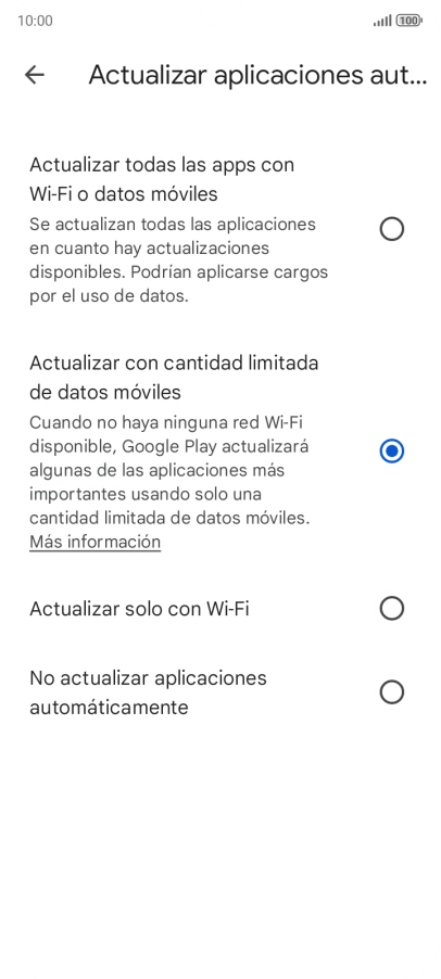 Para activar la actualización automática de apps utilizando la red móvil, pulsa Actualizar todas las apps con Wi-Fi o datos móviles.