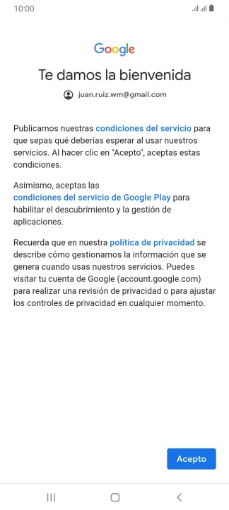 Pulsa Acepto y sigue las indicaciones de la pantalla para seleccionar los ajustes de tu cuenta de Google.