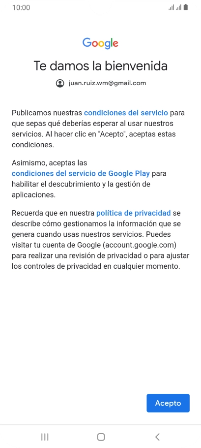 Pulsa Acepto y sigue las indicaciones de la pantalla para seleccionar los ajustes de tu cuenta de Google.