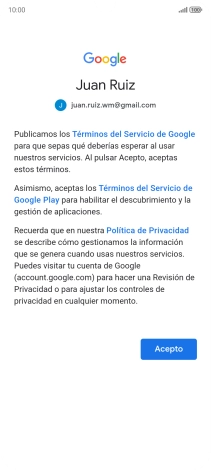 Pulsa Acepto y sigue las indicaciones de la pantalla para seleccionar los ajustes de tu cuenta de Google.