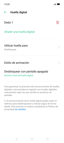 Pulsa el icono de eliminar junto a la huella digital que deseas borrar.