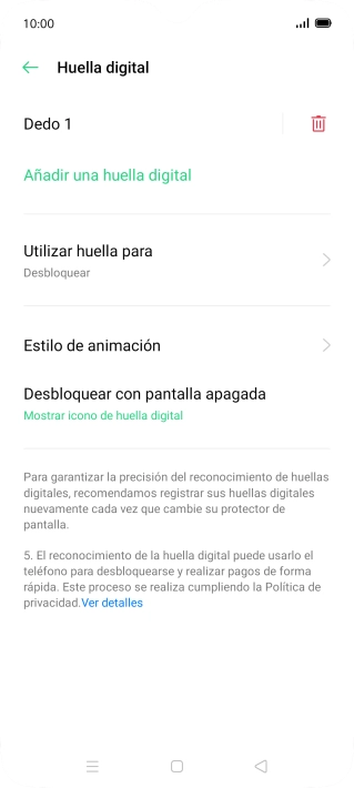 Pulsa el icono de eliminar junto a la huella digital que deseas borrar.