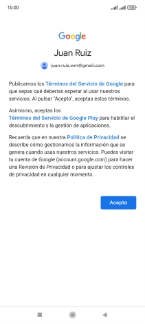Pulsa Acepto y sigue las indicaciones de la pantalla para seleccionar los ajustes de tu cuenta de Google.