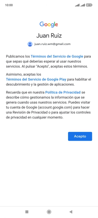 Pulsa Acepto y sigue las indicaciones de la pantalla para seleccionar los ajustes de tu cuenta de Google.