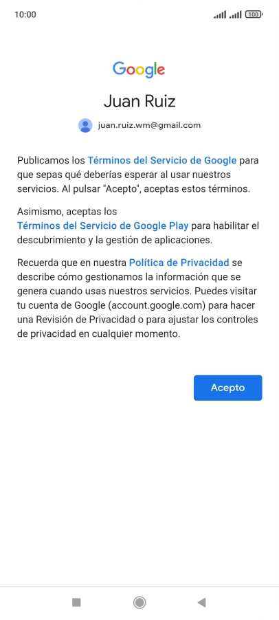 Pulsa Acepto y sigue las indicaciones de la pantalla para seleccionar los ajustes de tu cuenta de Google.