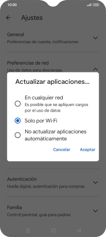 Para activar la actualización automática de apps utilizando la red móvil, pulsa En cualquier red.