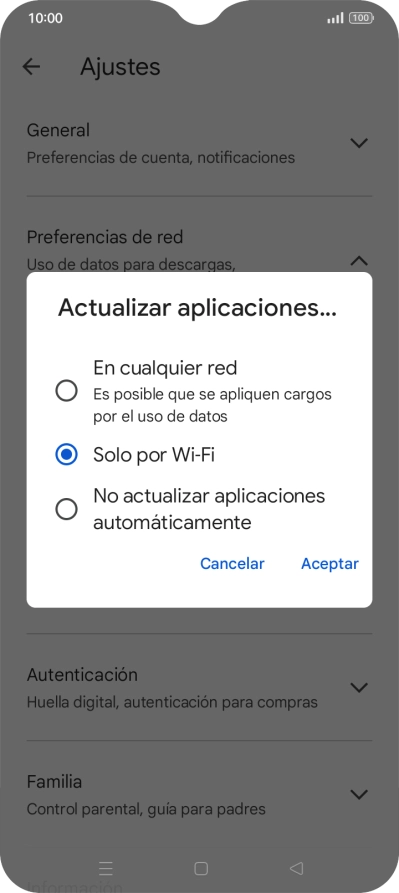 Para activar la actualización automática de apps utilizando la red móvil, pulsa En cualquier red.