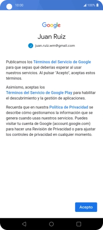 Pulsa Acepto y sigue las indicaciones de la pantalla para seleccionar los ajustes de tu cuenta de Google.