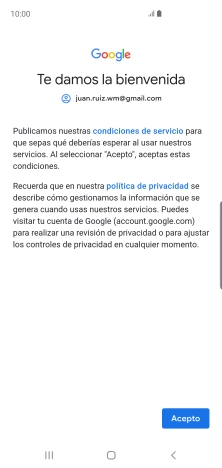 Pulsa Acepto y sigue las indicaciones de la pantalla para seleccionar los ajustes de tu cuenta de Google.