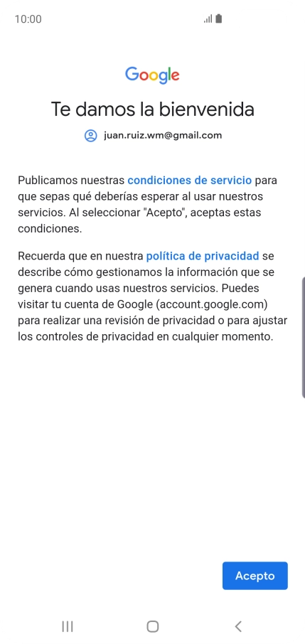 Pulsa Acepto y sigue las indicaciones de la pantalla para seleccionar los ajustes de tu cuenta de Google.