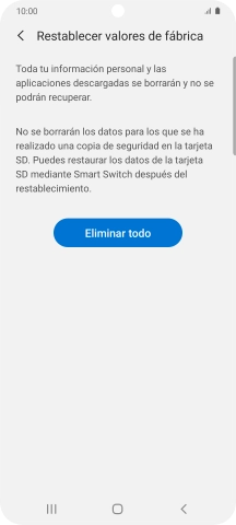 Pulsa Eliminar todo. Espera unos instantes mientras el teléfono restablece la configuración predeterminada. Sigue las indicaciones de la pantalla para configurar el teléfono y dejarlo listo para su uso.