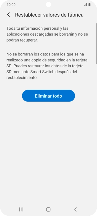 Pulsa Eliminar todo. Espera unos instantes mientras el teléfono restablece la configuración predeterminada. Sigue las indicaciones de la pantalla para configurar el teléfono y dejarlo listo para su uso.