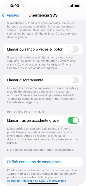 Pulsa Definir contactos de emergencia y sigue las indicaciones de la pantalla para insertar la información y tus contactos de emergencia.