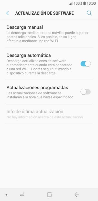 Pulsa Descarga manual. Si hay una versión de software nueva disponible, aparecerá ahora en la pantalla. Sigue las indicaciones de la pantalla para actualizar el software del teléfono.