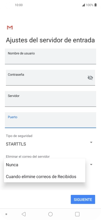Pulsa Nunca para conservar los correos electrónicos en el servidor cuando los borras del teléfono.