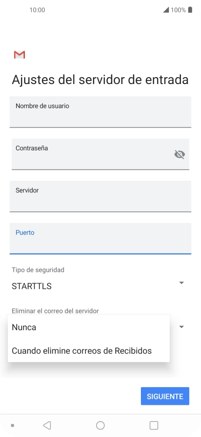 Pulsa Nunca para conservar los correos electrónicos en el servidor cuando los borras del teléfono.