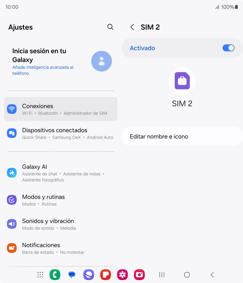 Pulsa el indicador para activar o desactivar el uso de la tarjeta SIM.