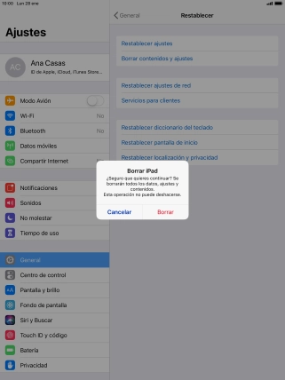 Pulsa Borrar. Espera unos instantes mientras la tablet restablece la configuración predeterminada. Sigue las indicaciones de la pantalla para configurar la tablet y dejarla lista para su uso.