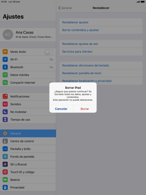 Pulsa Borrar. Espera unos instantes mientras la tablet restablece la configuración predeterminada. Sigue las indicaciones de la pantalla para configurar la tablet y dejarla lista para su uso.