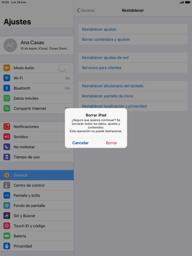 Pulsa Borrar. Espera unos instantes mientras la tablet restablece la configuración predeterminada. Sigue las indicaciones de la pantalla para configurar la tablet y dejarla lista para su uso.