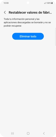 Pulsa Eliminar todo. Espera unos instantes mientras el teléfono restablece la configuración predeterminada. Sigue las indicaciones de la pantalla para configurar el teléfono y dejarlo listo para su uso.