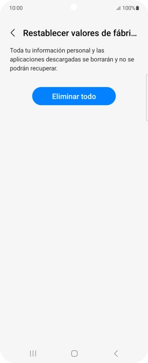 Pulsa Eliminar todo. Espera unos instantes mientras el teléfono restablece la configuración predeterminada. Sigue las indicaciones de la pantalla para configurar el teléfono y dejarlo listo para su uso.