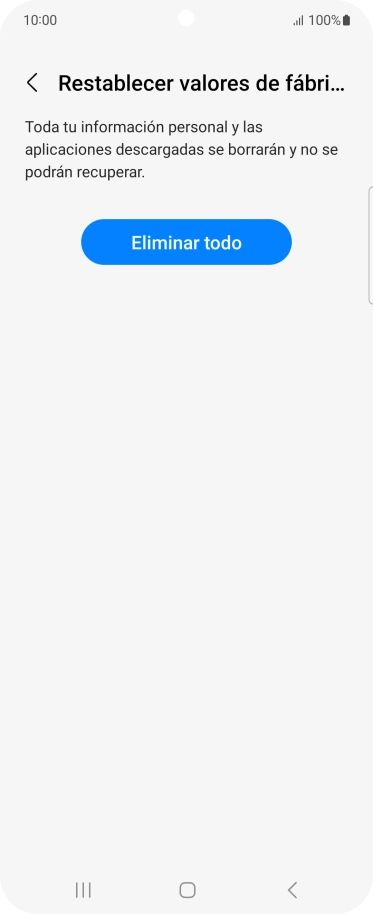 Pulsa Eliminar todo. Espera unos instantes mientras el teléfono restablece la configuración predeterminada. Sigue las indicaciones de la pantalla para configurar el teléfono y dejarlo listo para su uso.