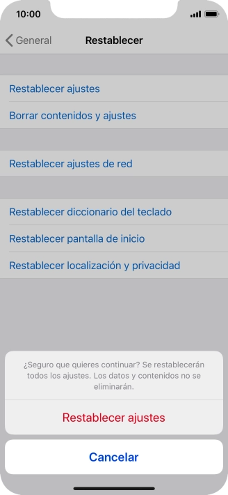 Pulsa Restablecer ajustes. Espera unos instantes mientras el teléfono restablece la configuración predeterminada. Sigue las indicaciones de la pantalla para configurar el teléfono y dejarlo listo para su uso.