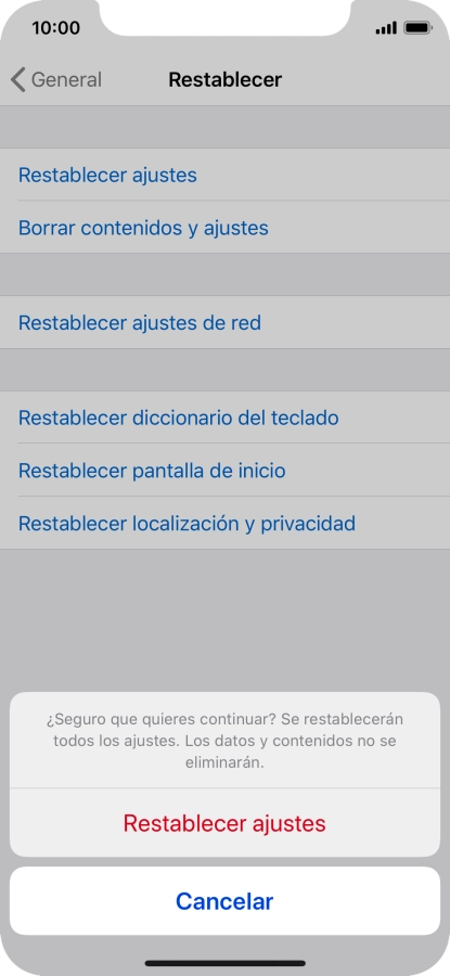 Pulsa Restablecer ajustes. Espera unos instantes mientras el teléfono restablece la configuración predeterminada. Sigue las indicaciones de la pantalla para configurar el teléfono y dejarlo listo para su uso.